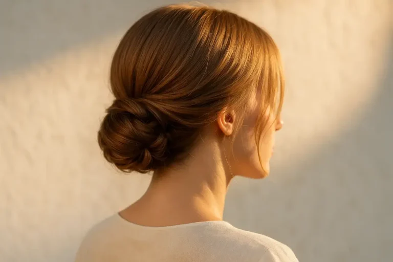 Chignon bas sur carré court : une option pour réunir les mèches à la nuque, selon la longueur disponible.