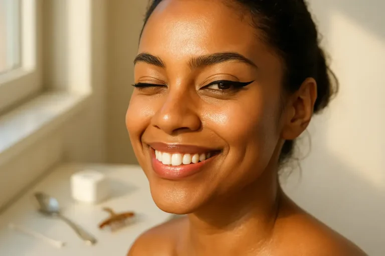 Un trait d’eye-liner fin et une courte virgule introduisent le sujet du maquillage, sans suggérer de résultat garanti.
