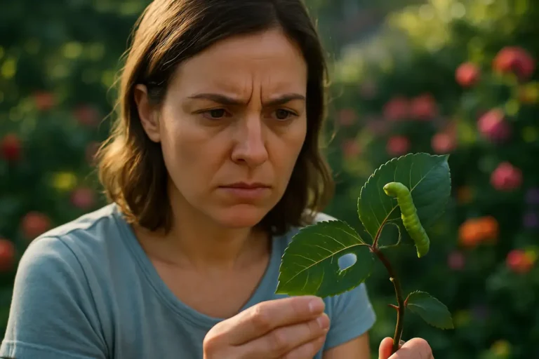 Chenille verte sur une feuille : un sujet de jardinage à observer sans en déduire son espèce, son danger ou la nécessité de traiter.
