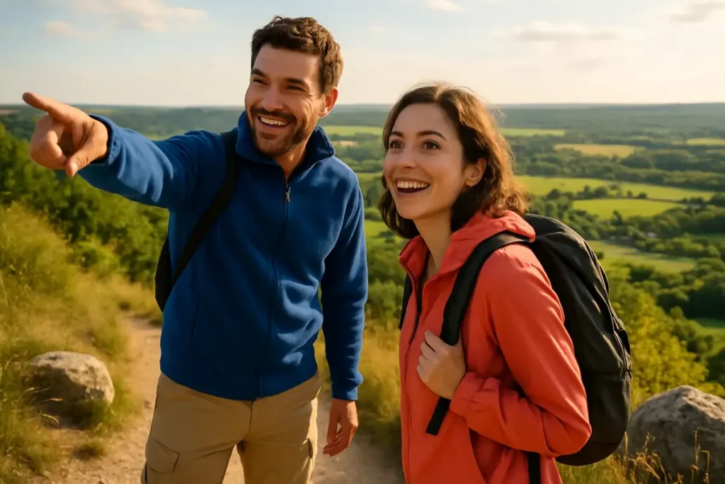 Deux randonneurs avec des sacs à dos admirent un paysage de collines.