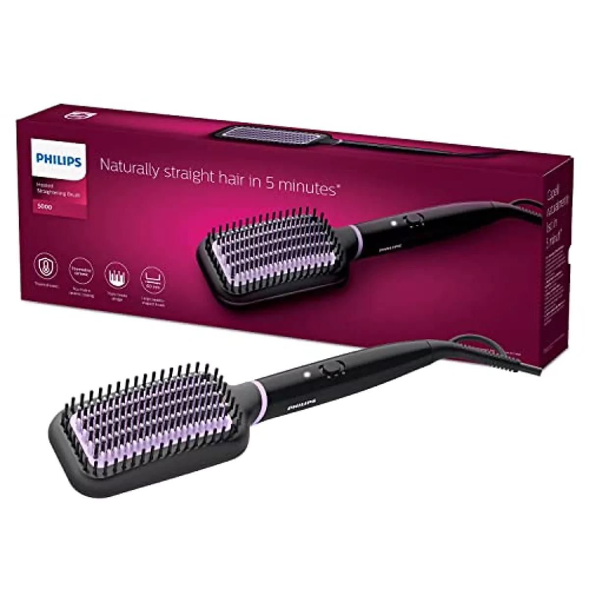 Brosse lissante Philips noire et rose présentée devant sa boîte.
