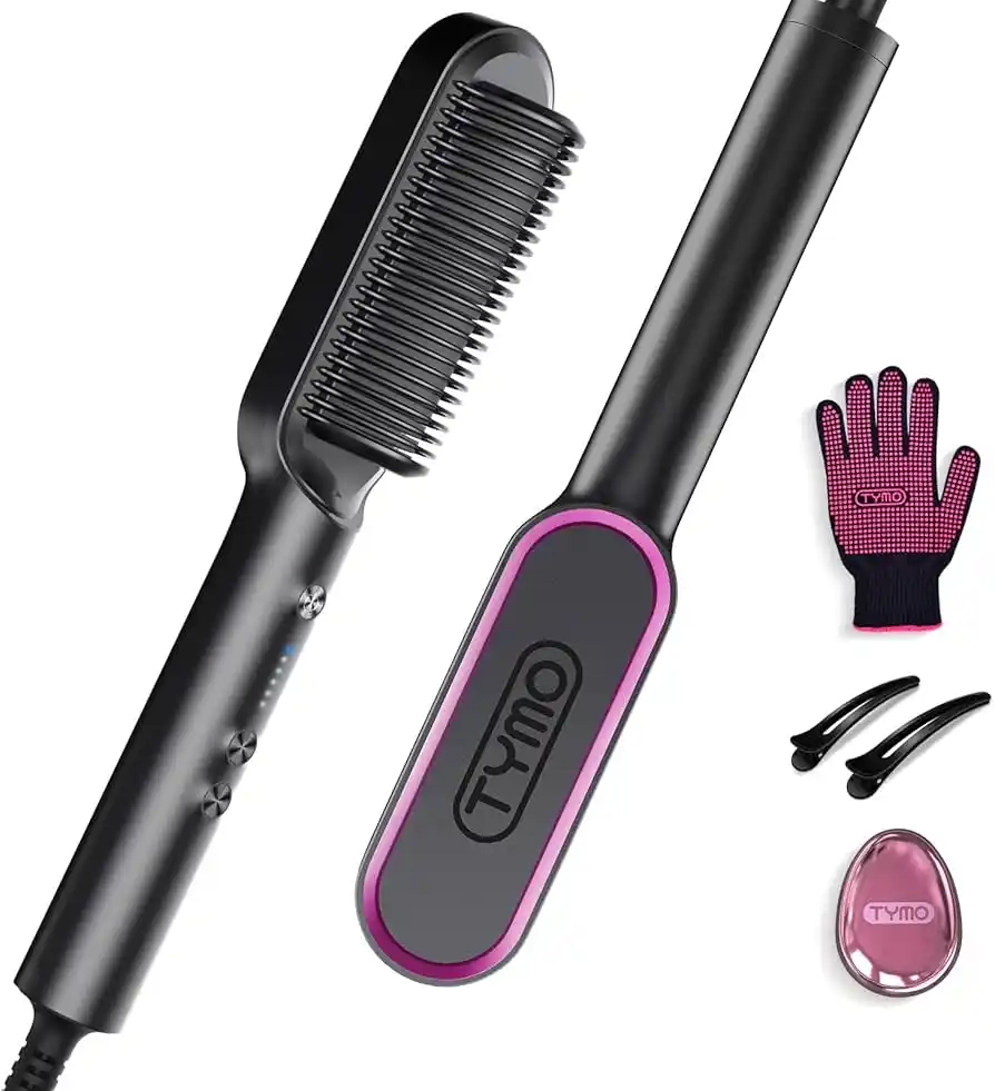 Brosse lissante noire et rose TYMO avec un gant et des accessoires de coiffure.
