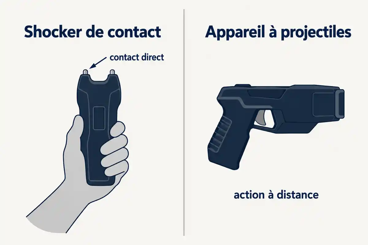Le shocker agit au contact direct, tandis que l’appareil à projectiles est présenté comme agissant à distance ; cette distinction ne détermine ni le droit ni l’efficacité.