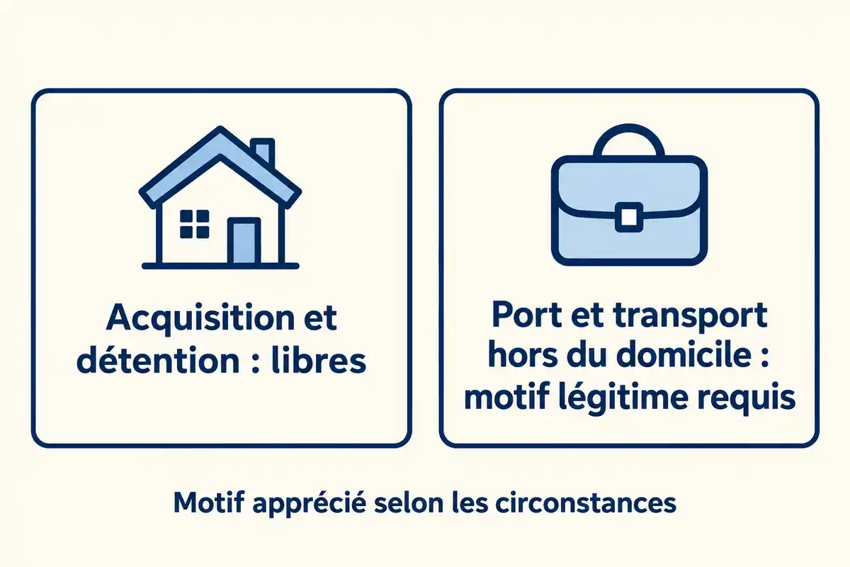 La détention d’un shocker de catégorie D chez soi est libre, mais le porter ou le transporter dehors requiert un motif légitime apprécié selon les circonstances.