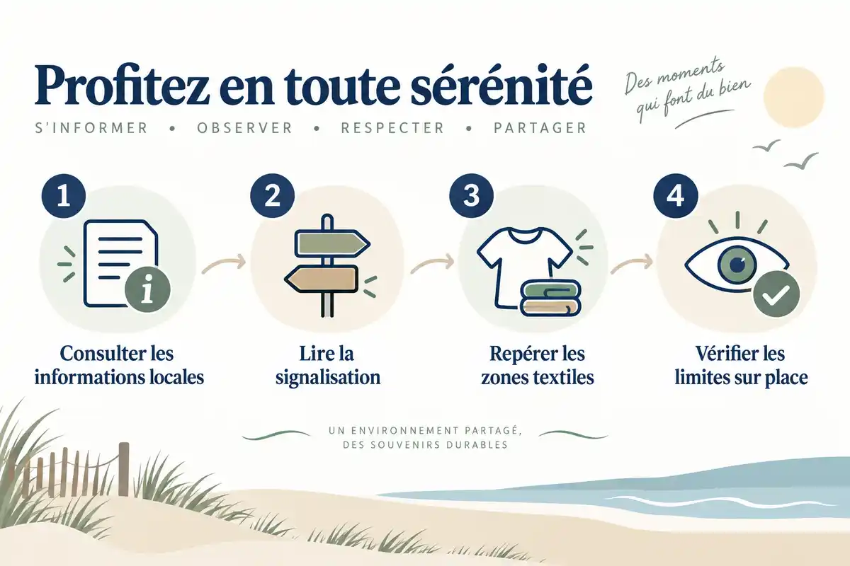 Infographie en quatre étapes pour s’informer sur les zones textiles : consulter les informations locales, lire la signalisation, repérer les zones textiles et vérifier les limites sur place.