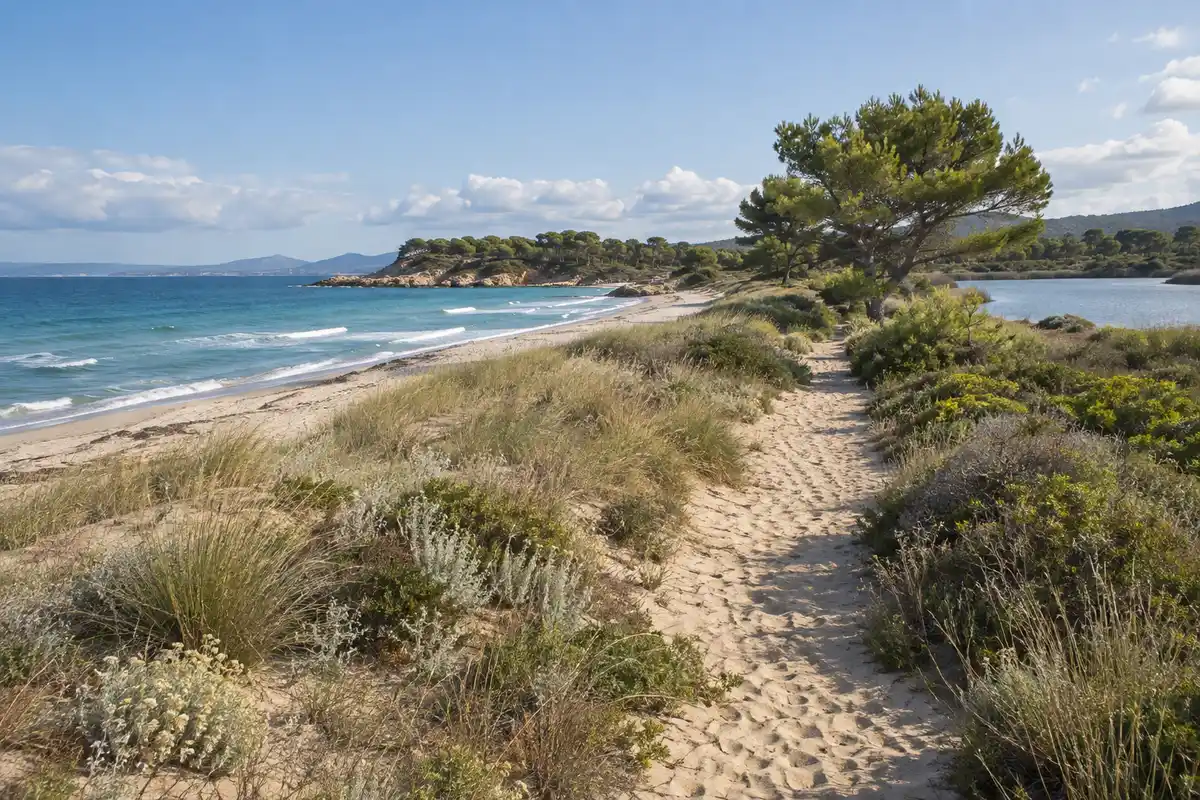 Sentier sableux bordé de végétation côtière, entre une plage et un étang, sous un ciel dégagé.