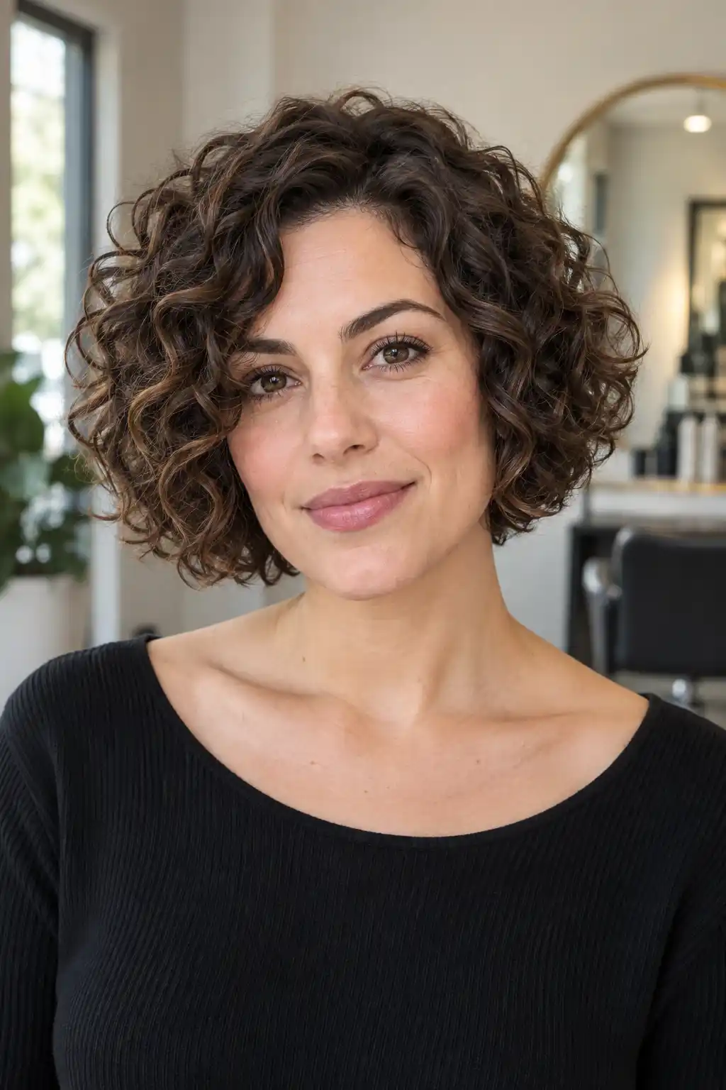 Femme aux cheveux bruns courts et bouclés, coiffés en carré arrondi autour de la mâchoire, portant un haut noir devant un fond de salon flou.