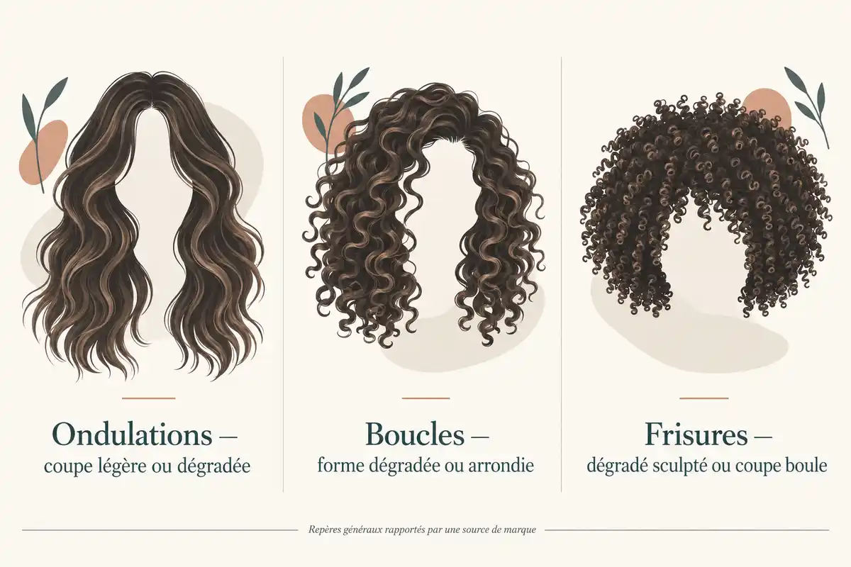 Schéma éditorial en trois colonnes comparant des cheveux ondulés, bouclés et frisés, avec des conseils de coupe sous chaque silhouette.