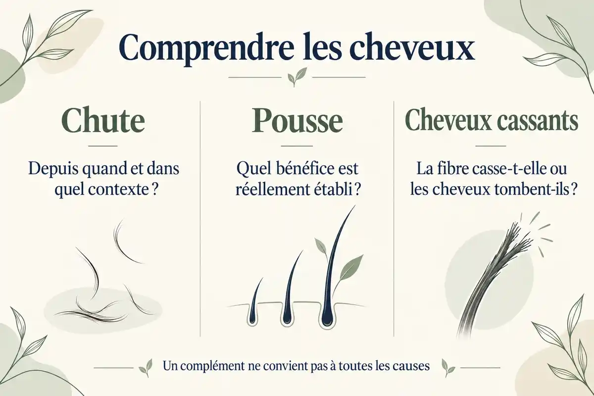 Infographie en trois colonnes sur la chute, la pousse et les cheveux cassants, avec une question sous chaque titre et une note de prudence en bas.
