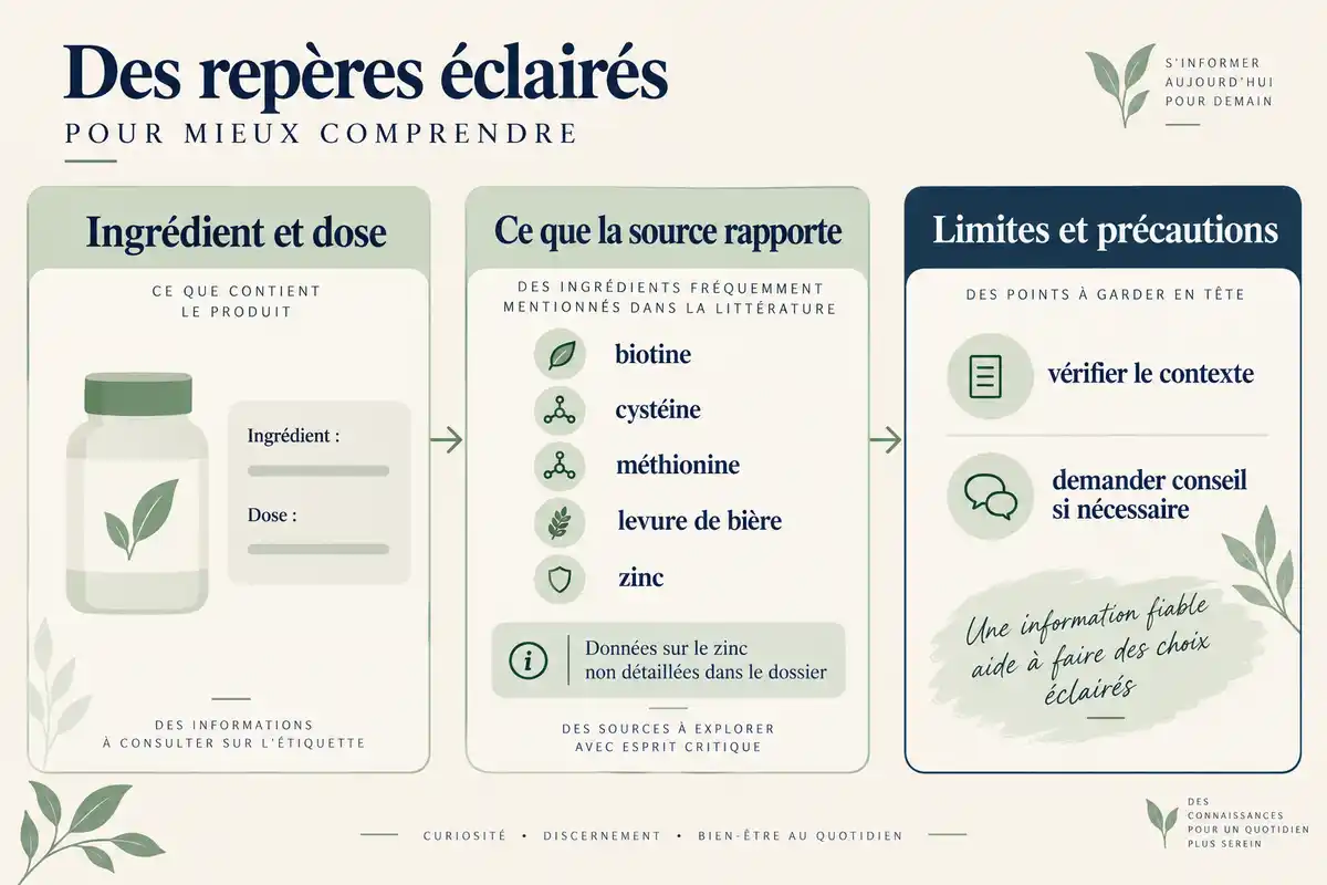 Schéma éditorial en trois blocs sur les ingrédients et doses, les éléments rapportés par une source et les limites à garder en tête. Le bloc central cite la biotine, la cystéine, la méthionine, la levure de bière et le zinc, avec une note indiquant que les données sur le zinc ne sont pas détaillées.