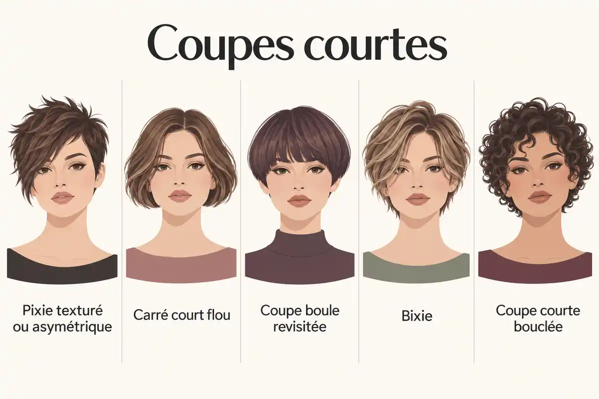 Infographie en cinq colonnes présentant des coupes courtes, du pixie texturé à la coupe courte bouclée, avec un libellé sous chaque portrait.