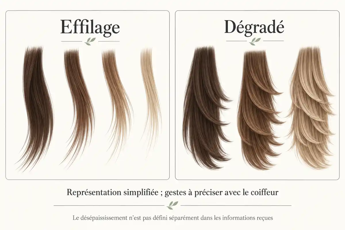 Schéma capillaire comparant l’effilage, aux pointes affinées, et le dégradé, aux mèches de longueurs superposées.