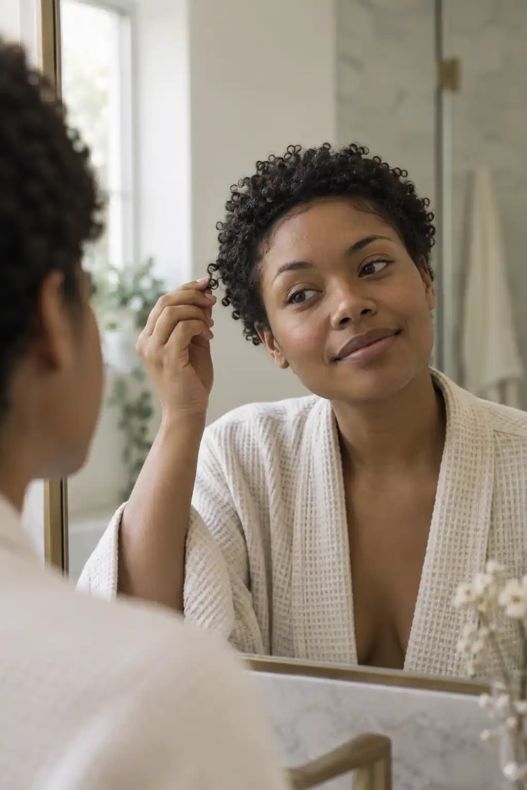 Une femme aux cheveux courts et bouclés froisse doucement une mèche devant un miroir.
