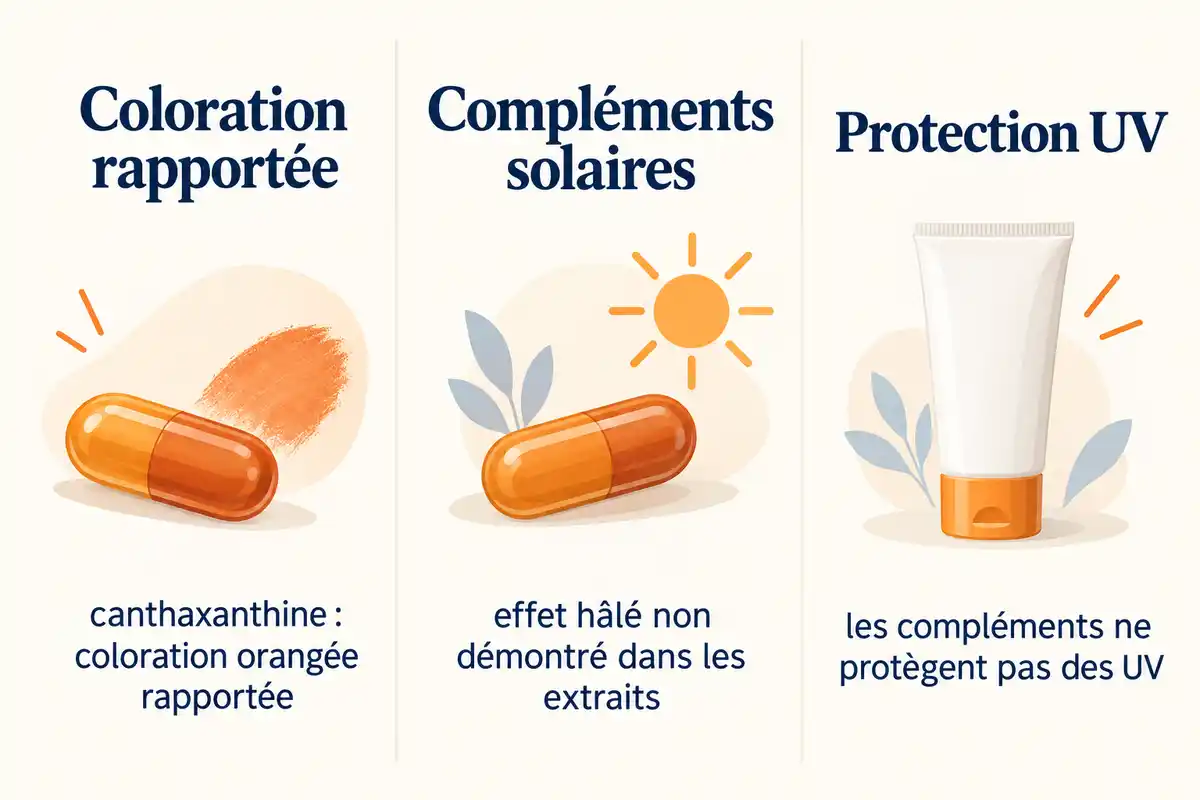 Infographie en trois colonnes sur la coloration orangée rapportée, l’effet hâlé non démontré des compléments solaires et l’absence de protection UV. Des gélules, un soleil et un tube solaire accompagnent les textes.