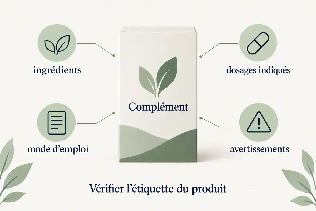 Boîte de complément au centre, entourée de pictogrammes et des mentions « ingrédients », « dosages indiqués », « mode d’emploi » et « avertissements », avec « Vérifier l’étiquette du produit » en bas.