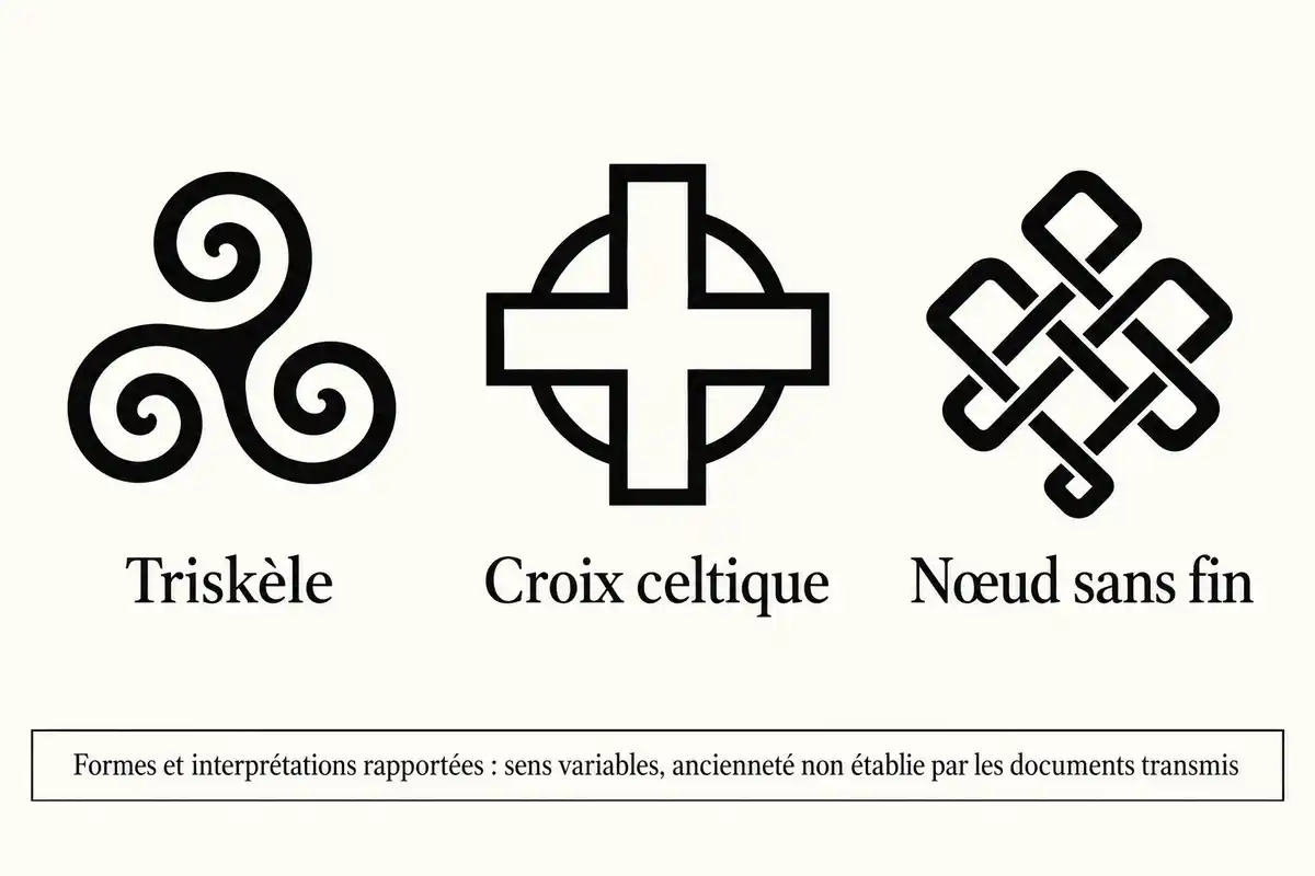 Trois motifs noirs légendés « Triskèle », « Croix celtique » et « Nœud sans fin », au-dessus d’un bandeau sur la variabilité des interprétations et l’ancienneté non établie.