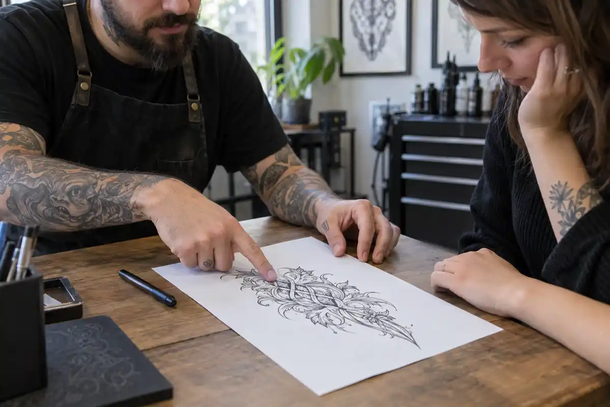 Un tatoueur désigne un motif noir sur une feuille tandis qu’une cliente l’observe à la table.