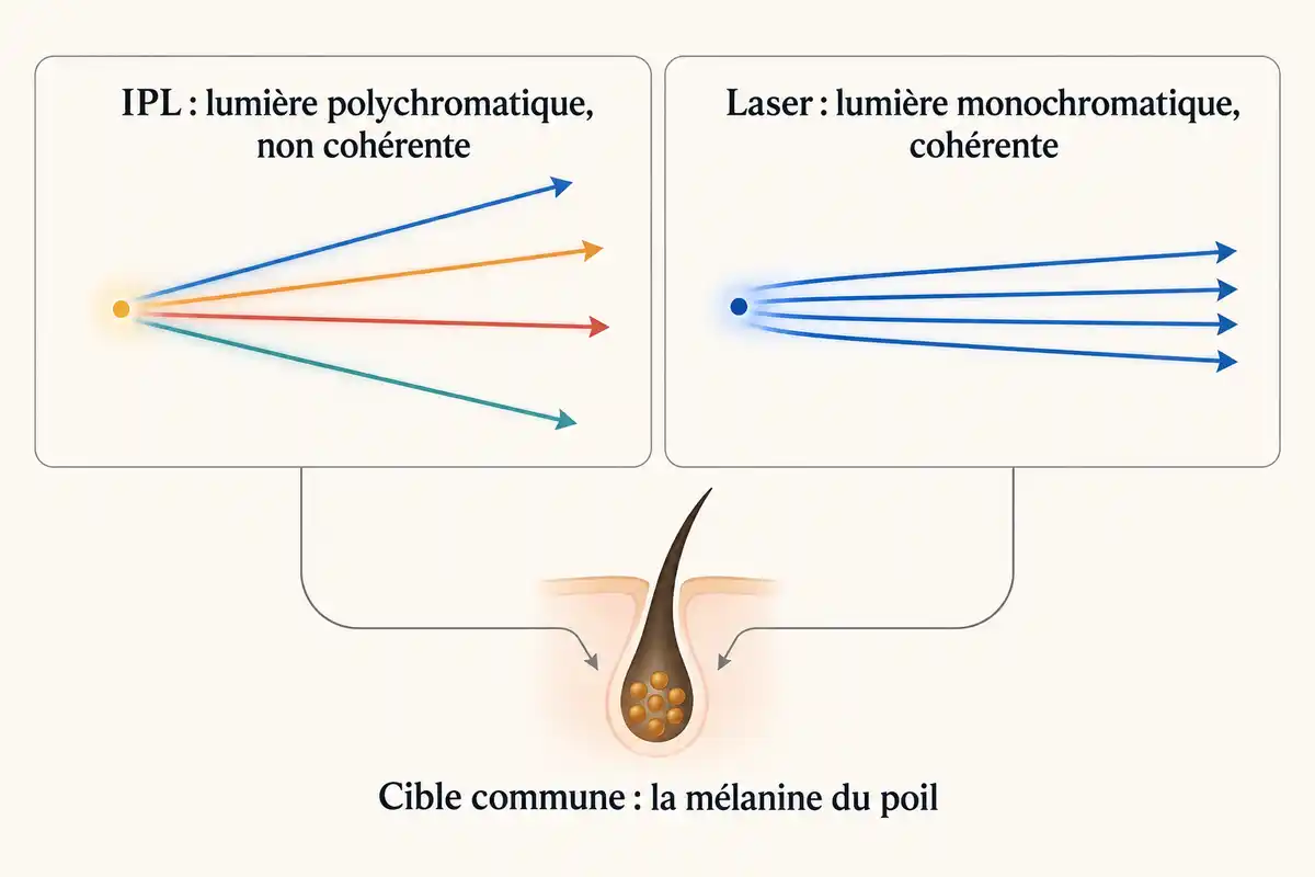 L’IPL émet une lumière polychromatique non cohérente, tandis que le laser émet une lumière monochromatique cohérente ; les deux ciblent la mélanine du poil.