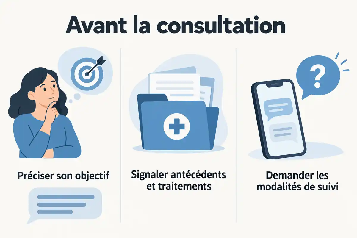 Avant la consultation, préciser son objectif, signaler ses antécédents et traitements, puis demander comment le suivi sera organisé.