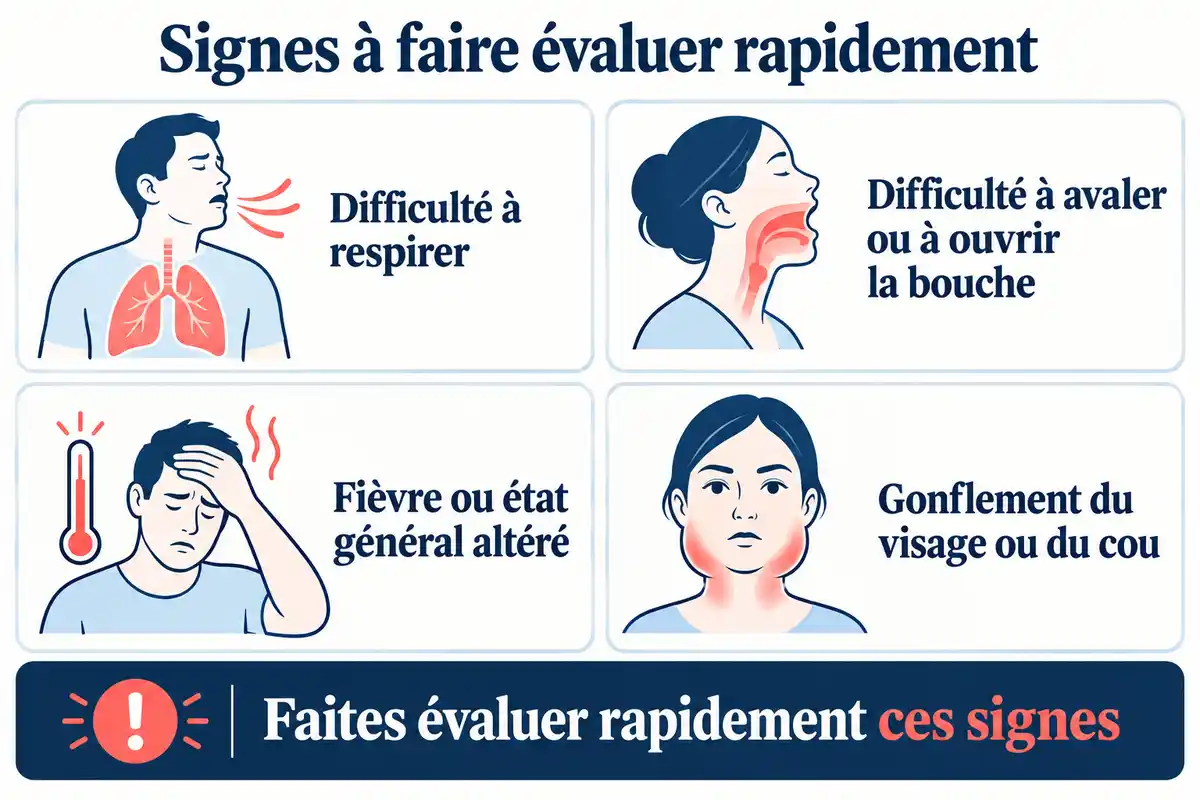 Difficulté à respirer ou à avaler, fièvre, état général altéré ou gonflement du visage ou du cou : des signes à faire évaluer rapidement.