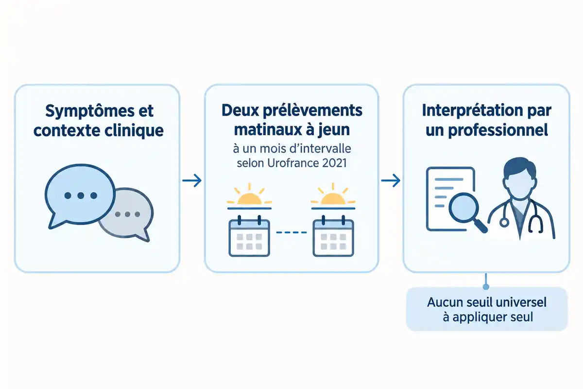 L’évaluation rapproche les symptômes et le contexte de deux prélèvements matinaux à jeun, puis d’une interprétation professionnelle sans seuil universel isolé.