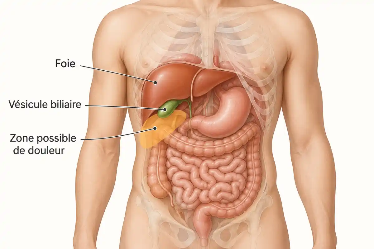 La zone sous les côtes à droite situe une douleur possible de colique biliaire, sans suffire à établir un diagnostic.
