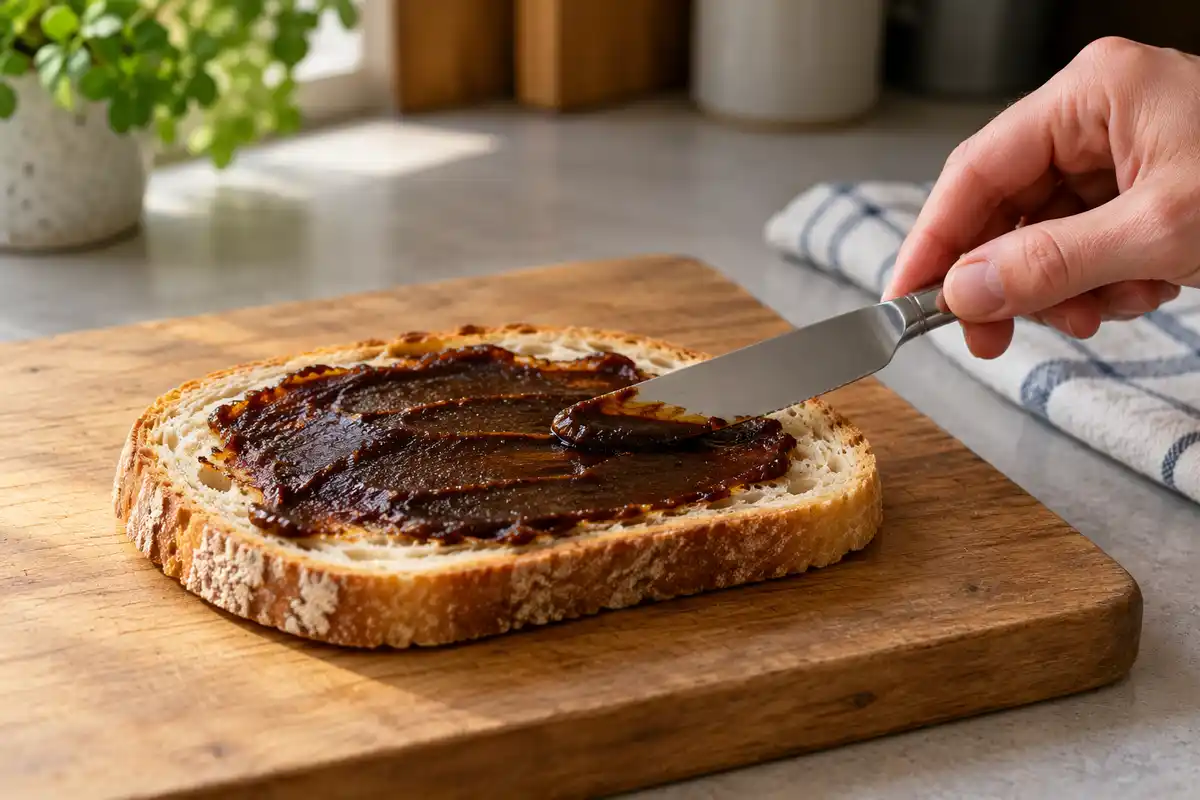 Étaler une fine couche de Vegemite sur une tartine permet de commencer par une petite quantité et de l’ajuster au goût.
