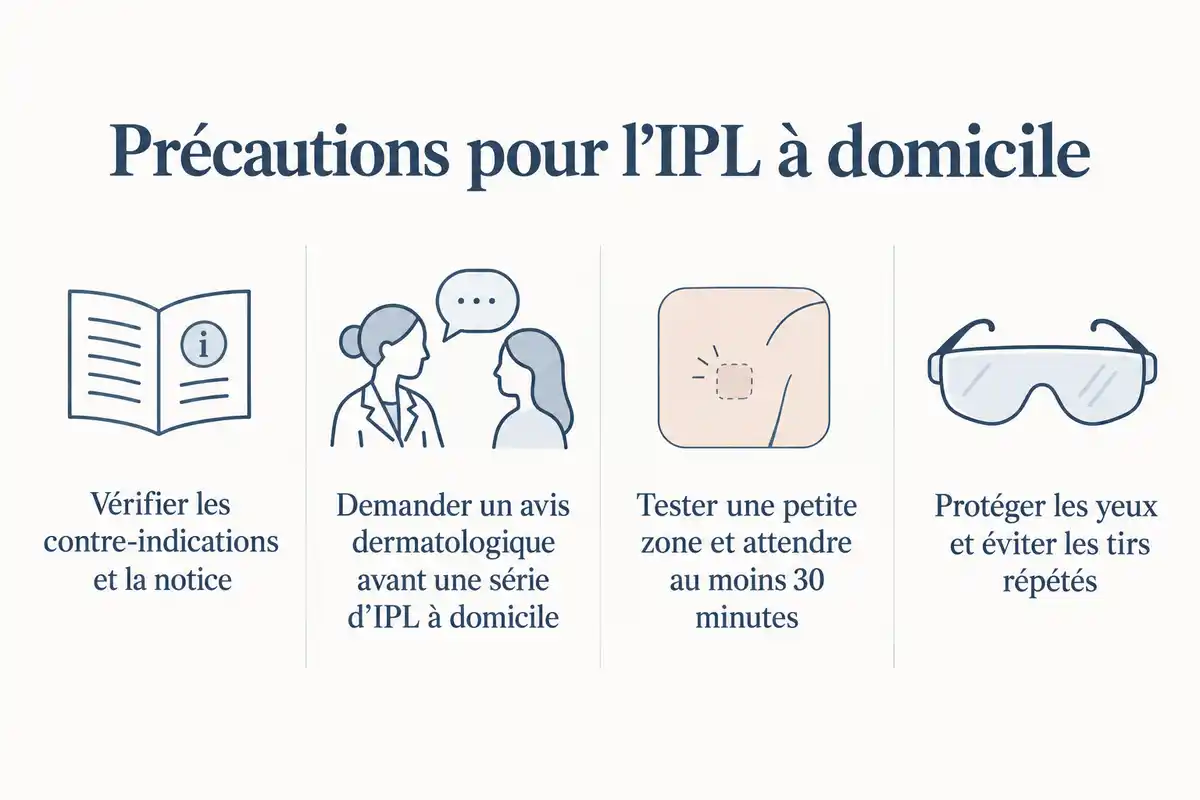 Avant une séance d’IPL, vérifier les contre-indications et la notice, demander conseil si nécessaire, tester une petite zone et protéger les yeux.