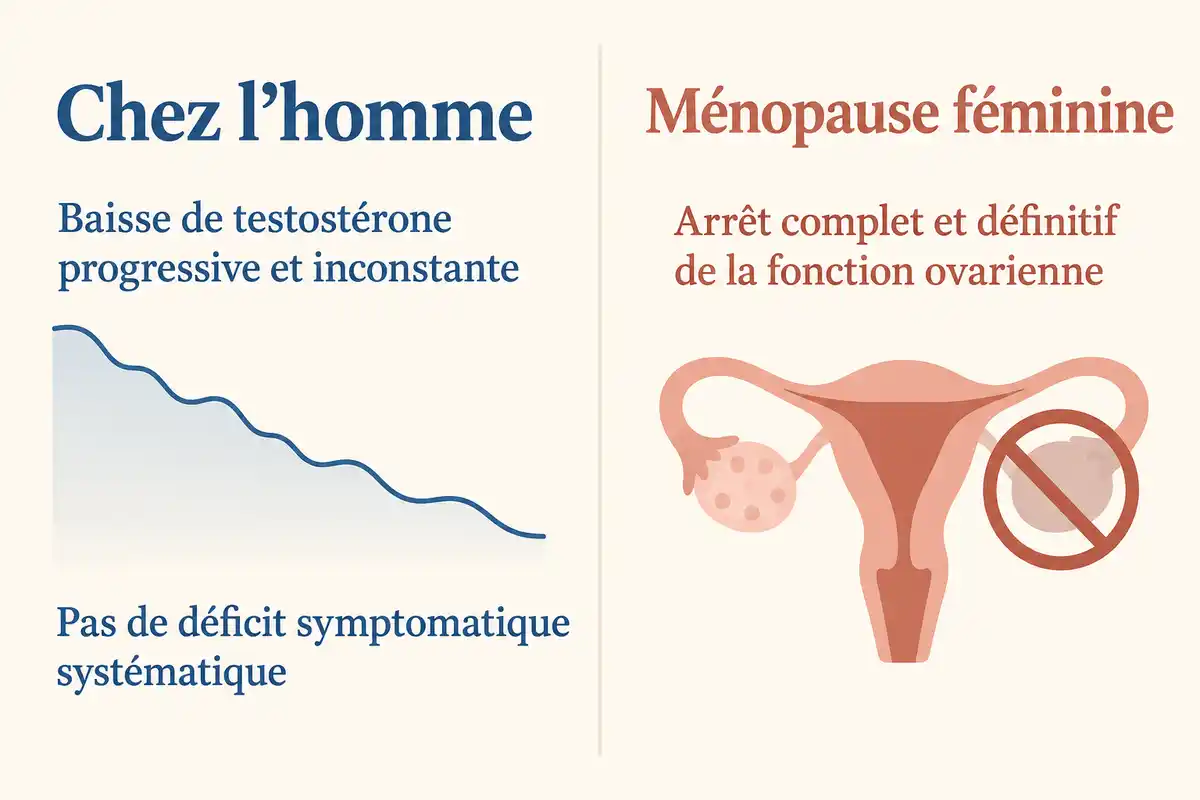 Chez l’homme, la testostérone peut baisser progressivement et de façon variable ; la ménopause féminine correspond à l’arrêt définitif de la fonction ovarienne.