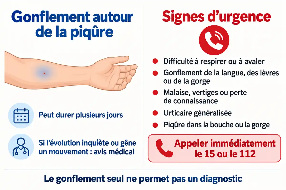 Après une piqûre, le gonflement local se surveille selon son évolution et la gêne ; des signes généraux imposent d’appeler le 15 ou le 112.
