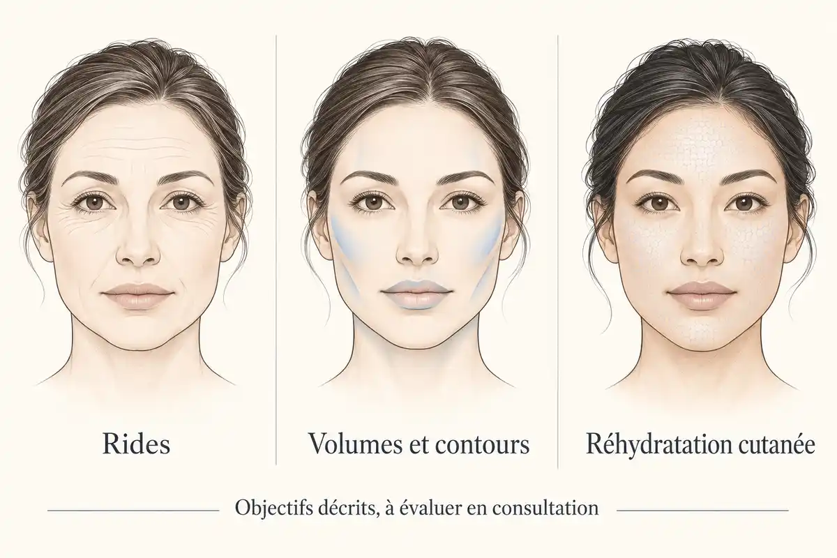 Les injections peuvent viser l’atténuation d’une ride, la modification des volumes ou contours, ou la réhydratation cutanée.