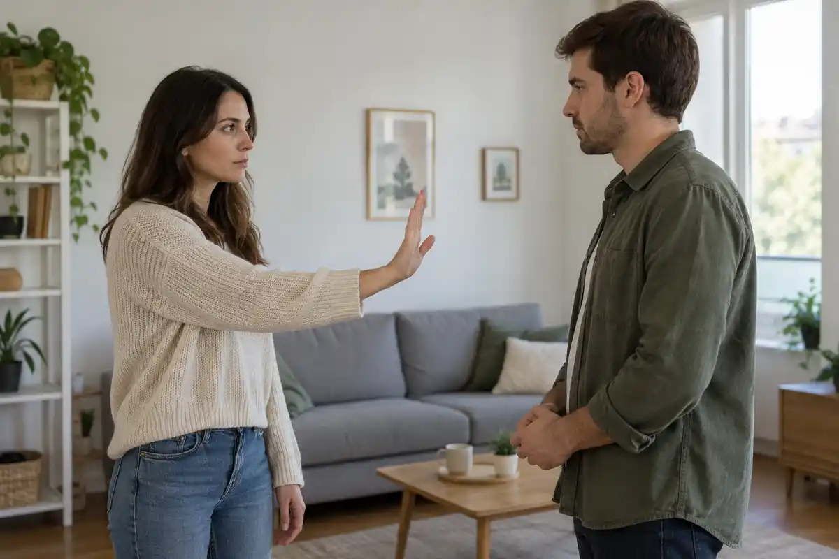 Une main ouverte marque une limite dans l’échange, permettant de prendre de la distance selon son ressenti.