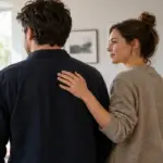 Un contact léger sur le haut du dos peut accompagner un échange quotidien, sans révéler à lui seul l’intention de la personne.