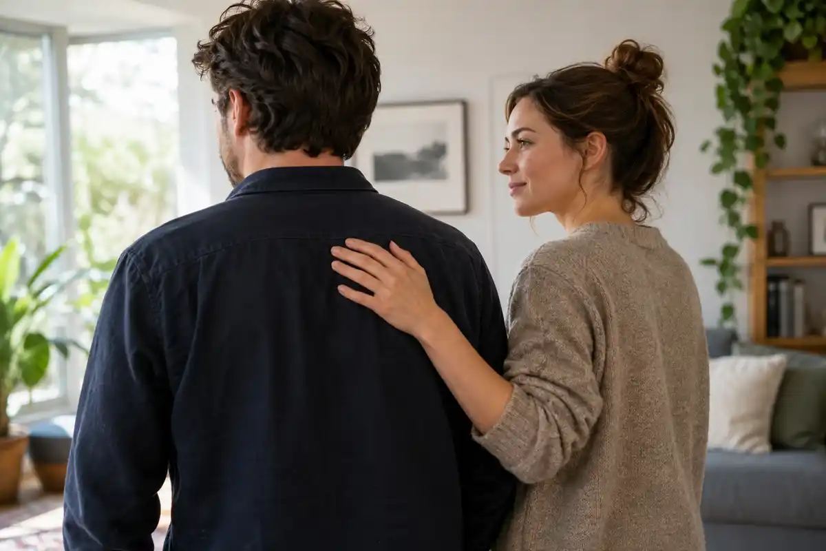 Un contact léger sur le haut du dos peut accompagner un échange quotidien, sans révéler à lui seul l’intention de la personne.