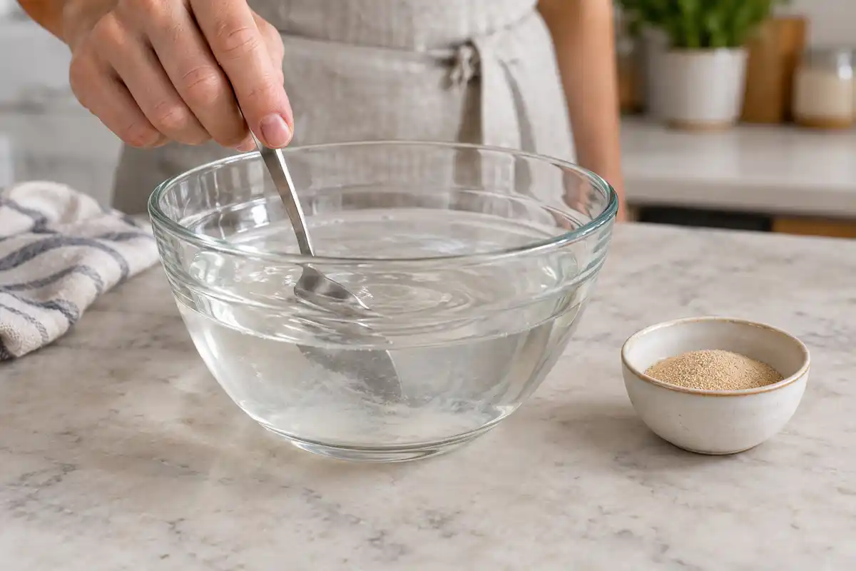 L’eau sucrée est remuée avant l’ajout de la levure, étape de préparation de l’appât destiné au piège à mouches.