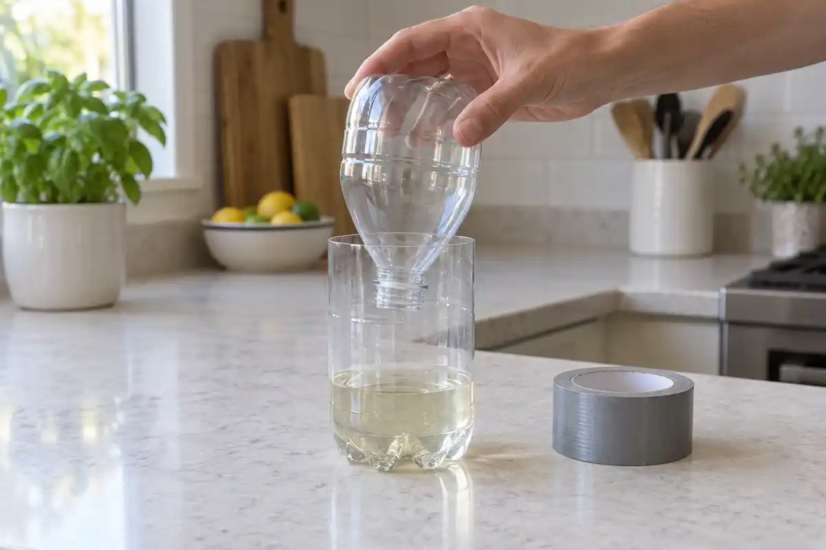Le haut de la bouteille, retourné goulot vers le bas, s’emboîte dans la base pour guider les mouches vers l’appât sans bloquer sûrement leur sortie.