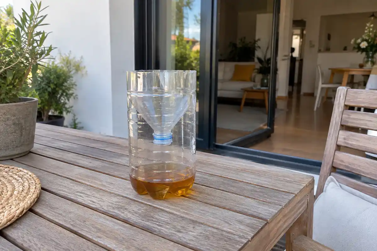 Un piège en bouteille placé près d’une porte permet d’essayer un point de passage où des mouches sont observées, sans emplacement optimal établi.