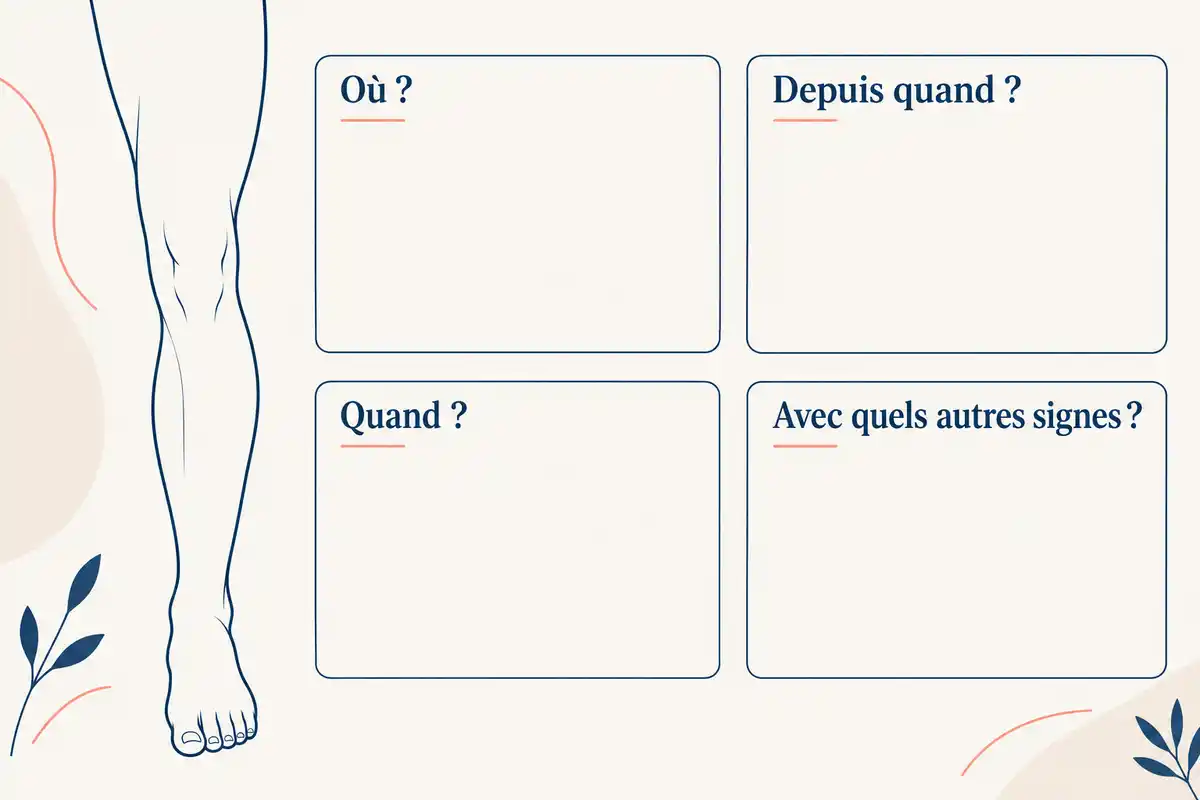 Décrire la zone ou le trajet de la douleur, son apparition et les signes associés aide à préciser le contexte sans établir sa cause.