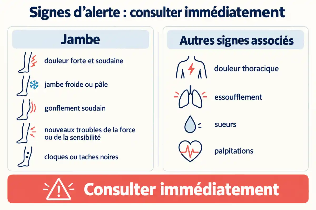 Douleur forte soudaine, jambe froide ou gonflée, troubles de la force ou de la sensibilité et symptômes associés appellent un avis médical immédiat.