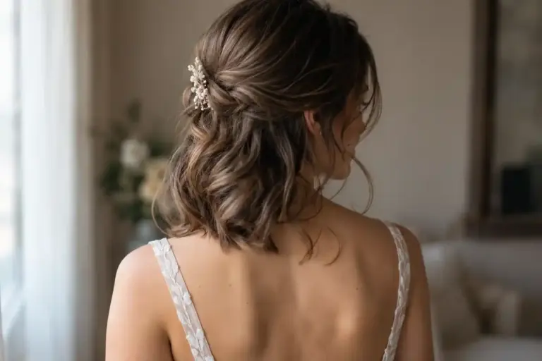 Coiffure de mariage sur cheveux mi-longs : les ondulations libres offrent une option souple, à choisir selon la tenue et la texture.