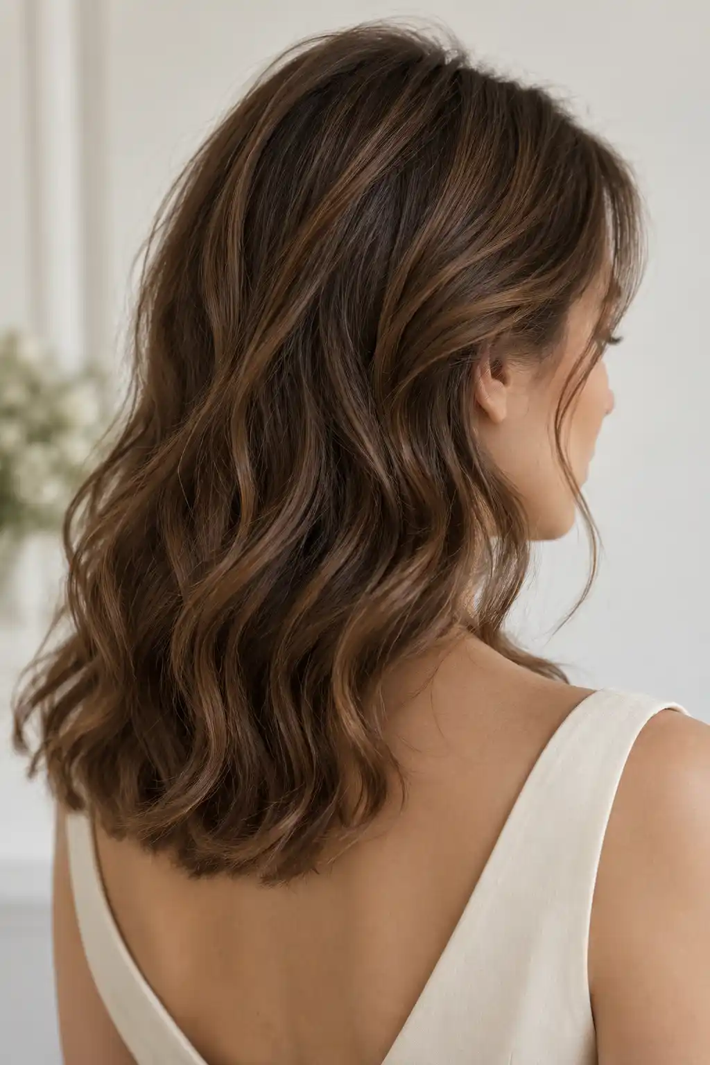 Ondulations larges laissées libres sur une longueur aux épaules, pour une coiffure de mariage qui garde les mèches en mouvement.