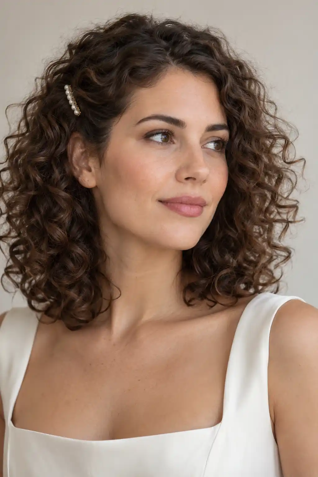 Boucles brunes mi-longues laissées naturelles et retenues d’un côté par une petite barrette de perles, sans lissage.