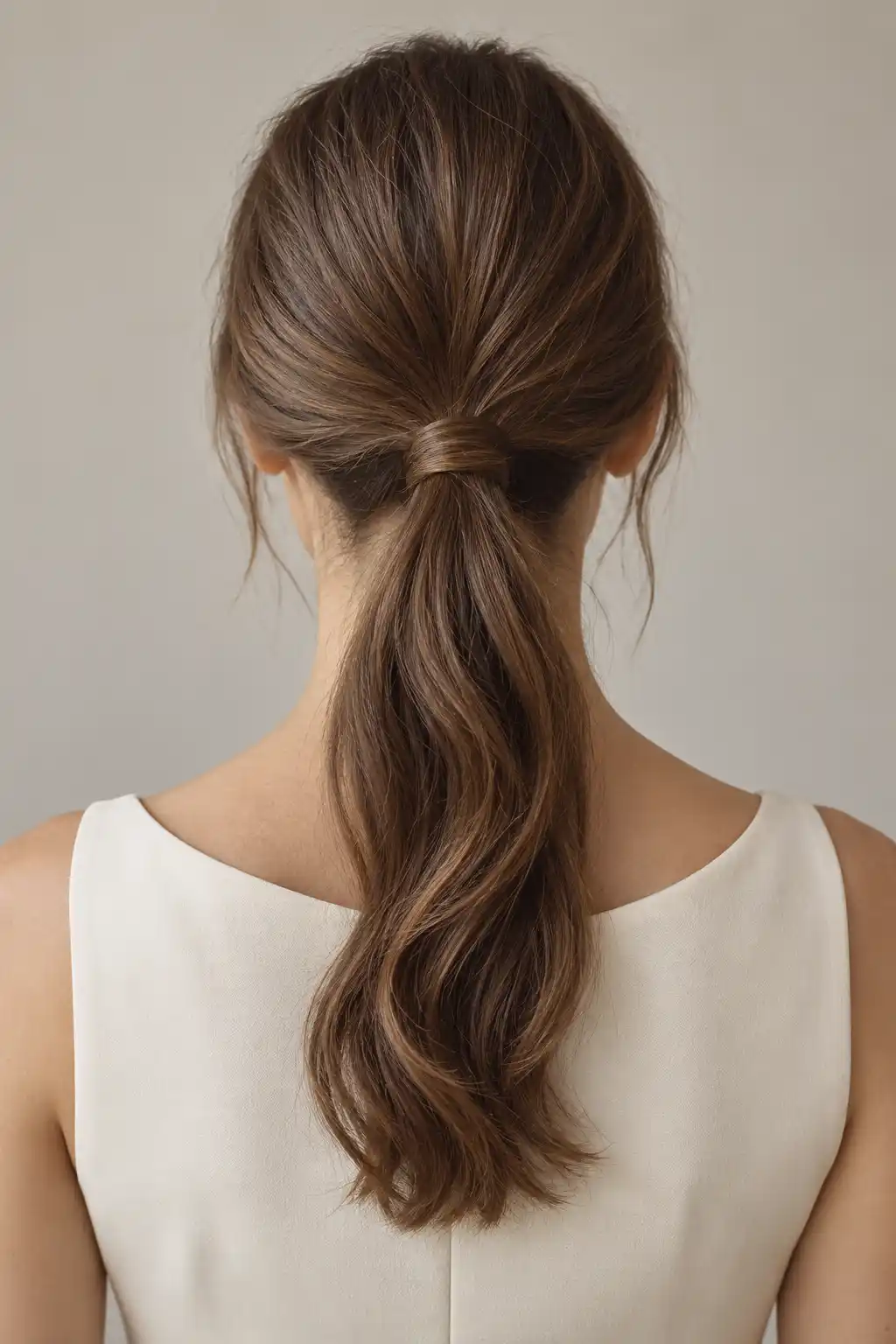 Queue-de-cheval basse à la nuque, dont l’élastique est masqué par une mèche de cheveux enroulée autour de l’attache.