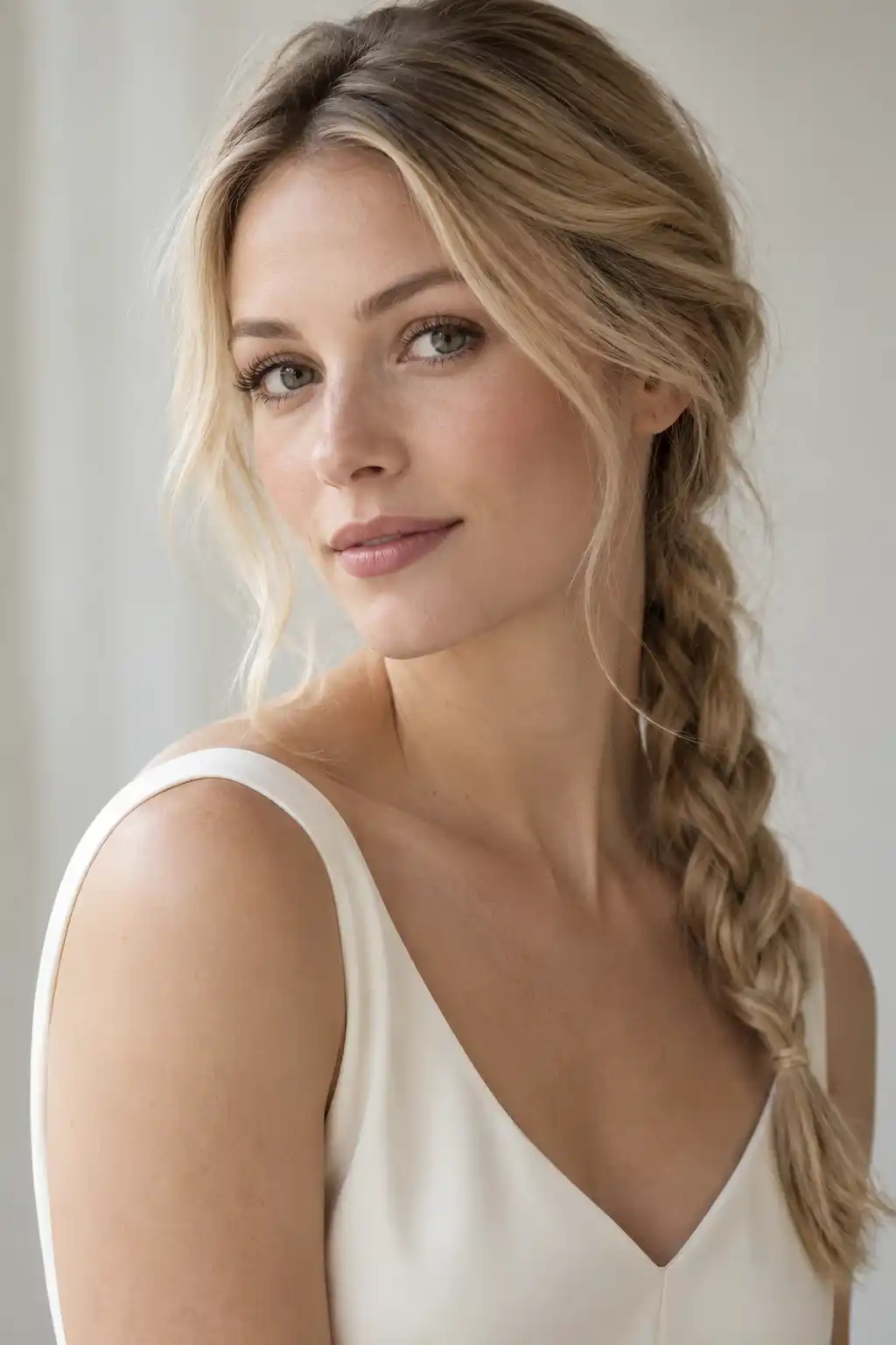 Une tresse souple portée sur le côté dessine une ligne visible sur les cheveux mi-longs, distincte d’un chignon.