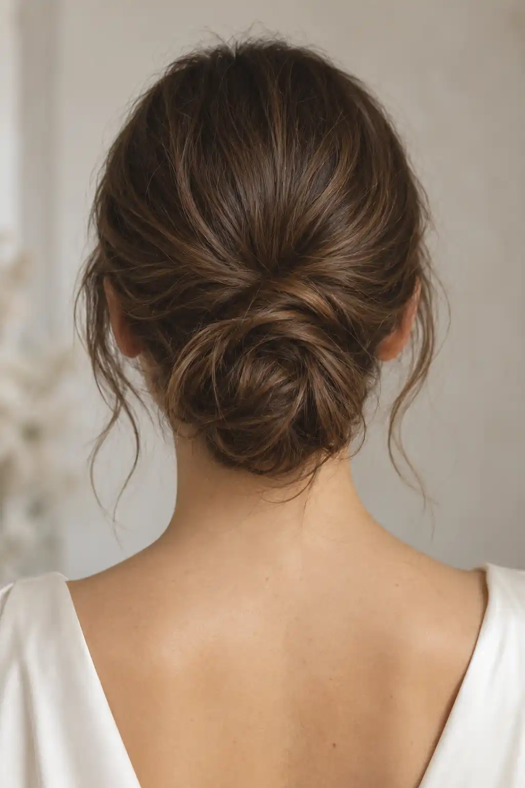 Chignon bas aux contours légèrement irréguliers, rassemblé à la nuque avec quelques mèches libres pour une finition souple.