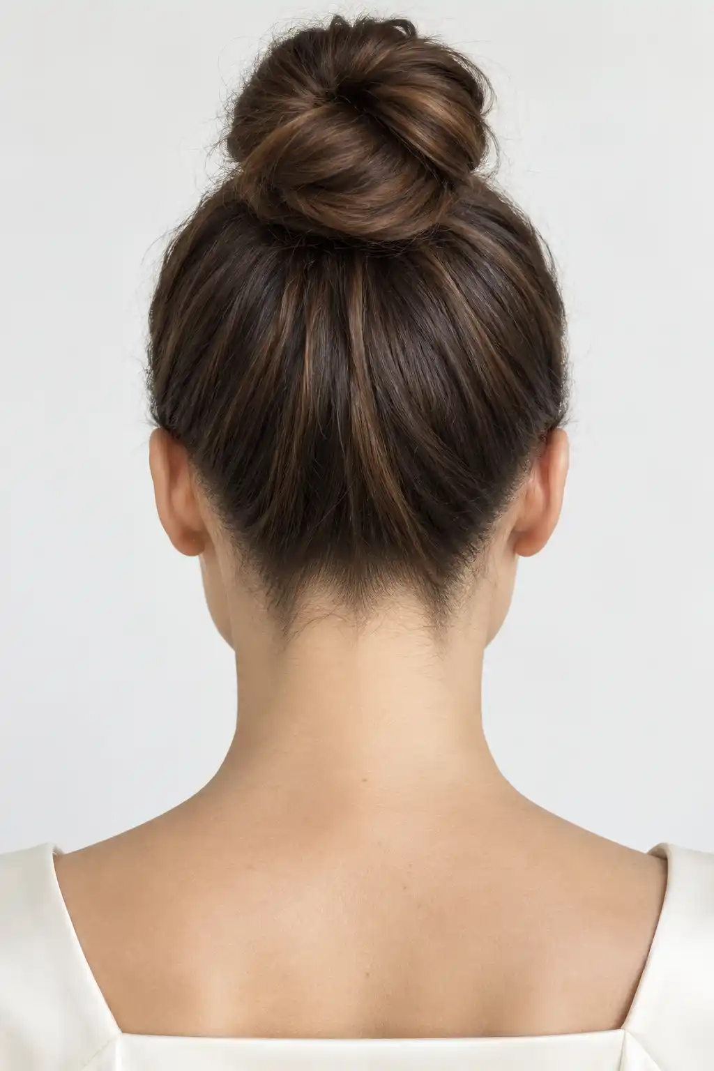 Chignon compact et structuré placé au sommet arrière de la tête, avec la nuque dégagée, contrairement à un chignon bas.